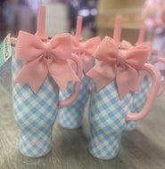 SWIG 30 ounce blue gingham tumbler with Pink Bow