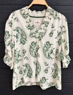 Umgee Ivory & Green V Neck Top