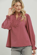 Embroidered Split Neck Textured Top