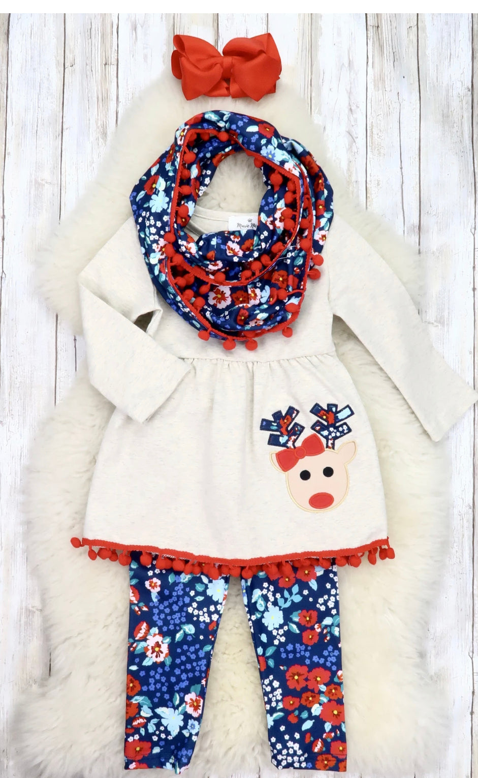 Reindeer Tunic, Navy Floral Pants, & Scarf Outfit