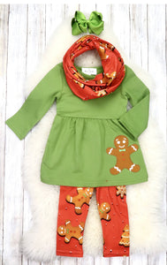 Green Gingerbread Man Tunic, Pants, & Scarf Outfit