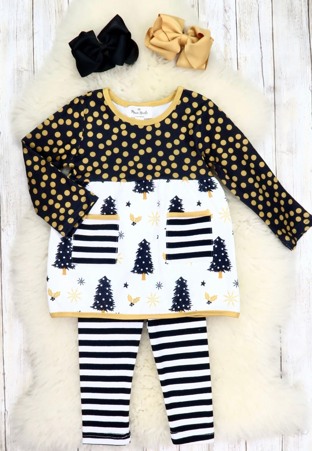 Black/Gold Christmas Tree Tunic & Striped Pants Outfit