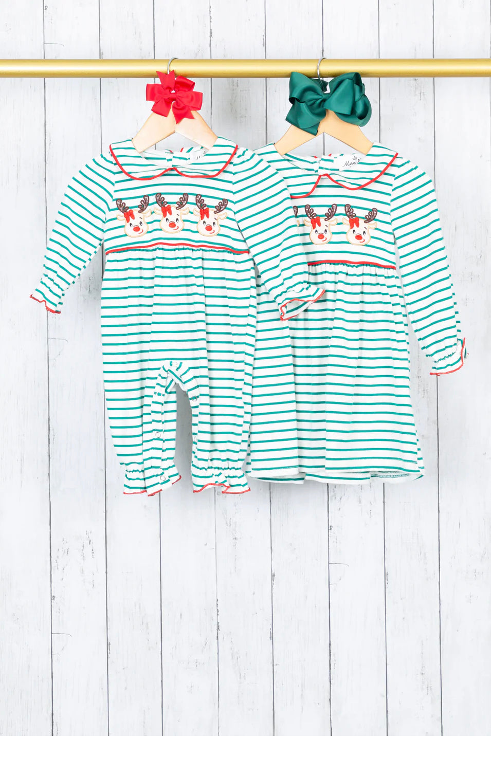 Green Striped Vintage Reindeer Dress - Marie Nicole Clothing XXXS(6/12MOS) Green Striped Vintage Reindeer Dress - Marie Nicole Clothing XXXS(6/12MOS)