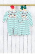 Load image into Gallery viewer, Green striped reindeer dress
