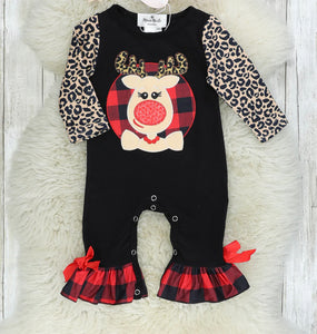 Leopard reindeer ruffle romper