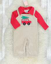 Load image into Gallery viewer, Red Polo &amp; Christmas tree overall outfit
