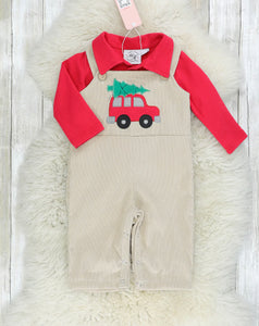 Red Polo & Christmas tree overall outfit