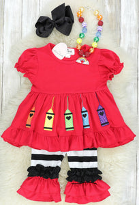 Red Colorful Crayons Ruffle Tunic and Shorts Set