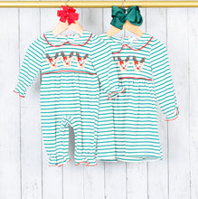 Load image into Gallery viewer, Green striped ruffle reindeer romper
