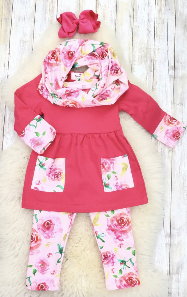 Hot Pink Rose Tunic, Pants, & Scarf Outfit