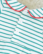 Load image into Gallery viewer, Green striped ruffle reindeer romper
