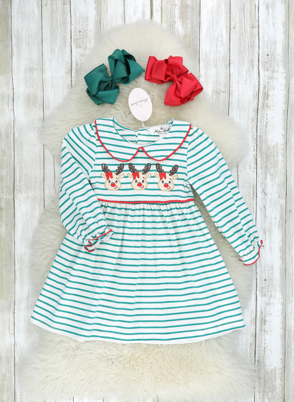 Green Striped Vintage Reindeer Dress - Marie Nicole Clothing XXXS(6/12MOS) Green Striped Vintage Reindeer Dress - Marie Nicole Clothing XXXS(6/12MOS)