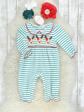 Load image into Gallery viewer, Green striped ruffle reindeer romper
