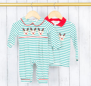 Green striped reindeer polo